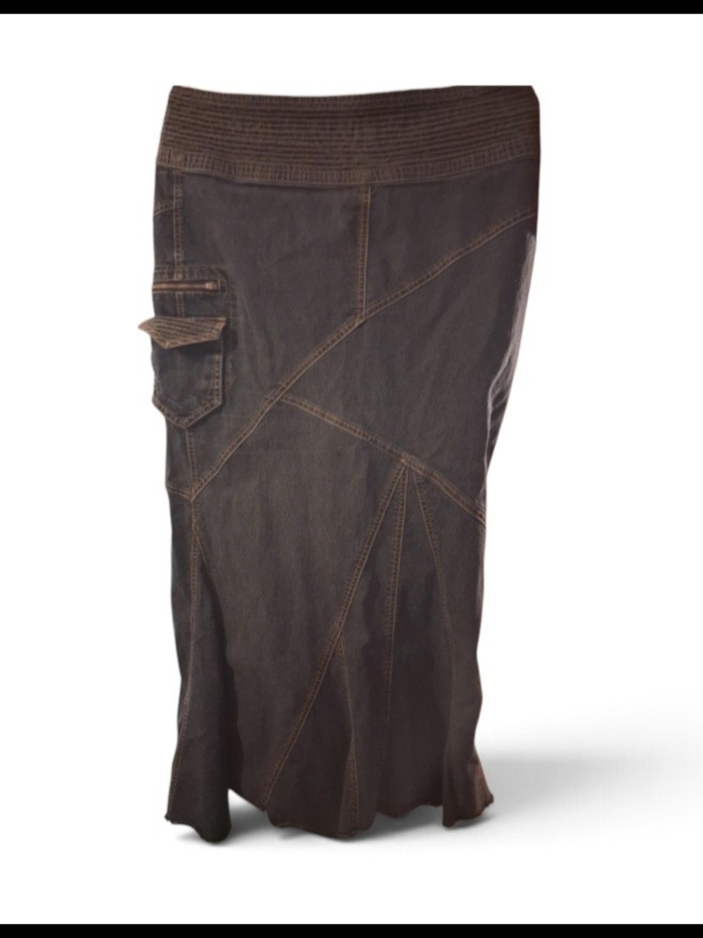 Bisou Bisou Denim W/Brown Stiching Paneled Maxi Skirt with Flap Pocket